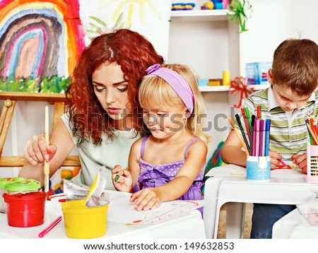 Child with mother painting . Child care.