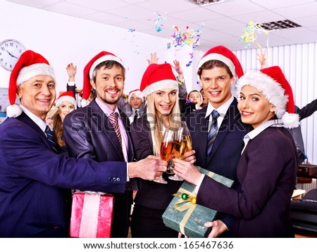 Happy Business Group People In Santa Hat At Xmas Party.