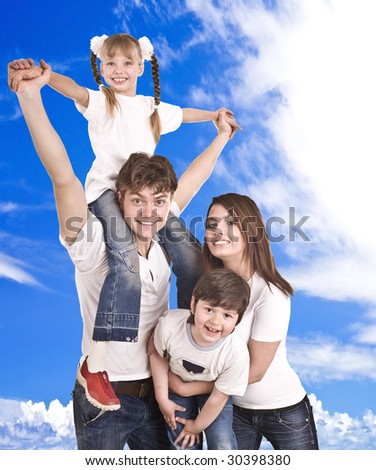 Happy family. Blue sky and white cloud.