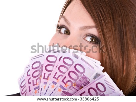Happy woman with group of money. Isolated.