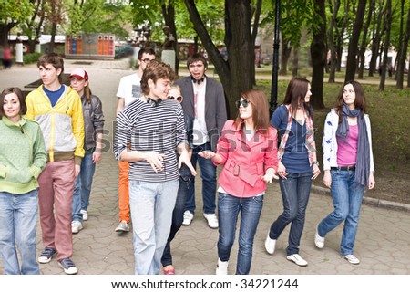 Group of people in city. Outdoor.