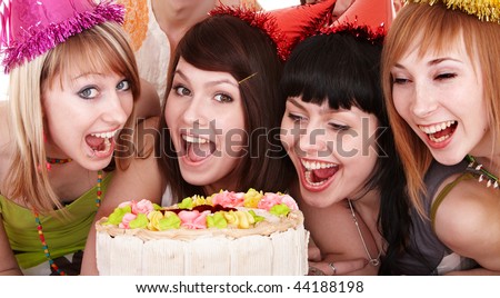 Group of young people celebrate happy birthday.  Isolated.