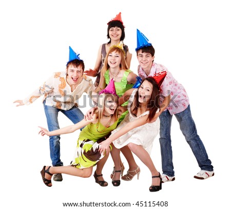 stock photo Group of teenagers celebrate birthday Isolated