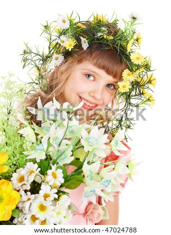 Beautiful girl with garland of wild flower. Isolated.
