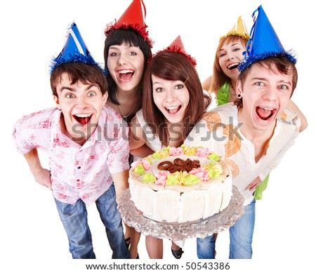 stock photo : Group of people in party hat with cake. Isolated.