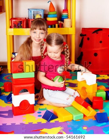 Child play block and construction set . Preschooler.