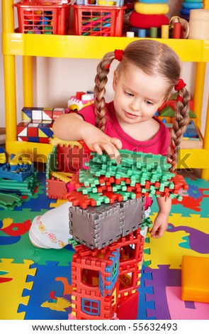 Child play block and construction set in playroom.