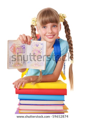 Child with pile of books and passport. Foreign education.
