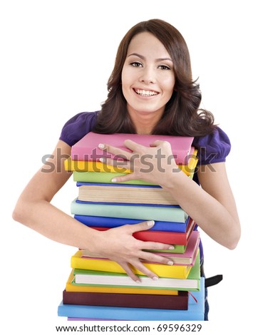 Girl with pile color book . Isolated.