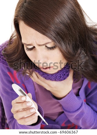 Young woman having  flue  taking thermometer. Isolated.