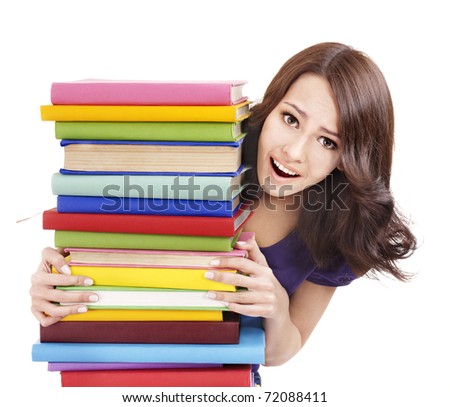 Girl with stack color book . Isolated.