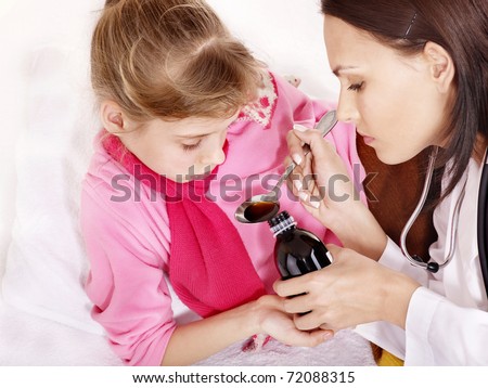 Sick child take  medicine with doctor. Isolated.