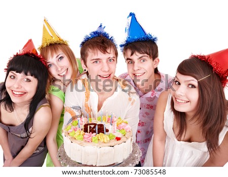 Group people eat cake. Isolated.