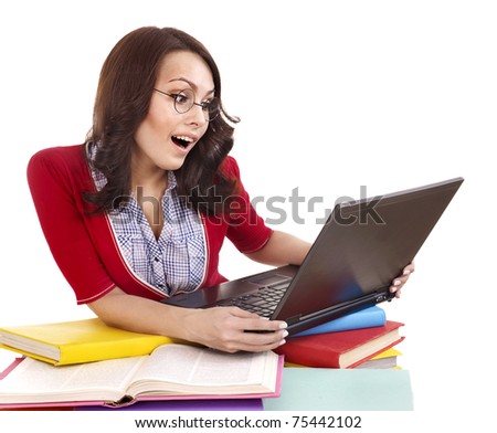 Girl with stack color book  and laptop.. Isolated.