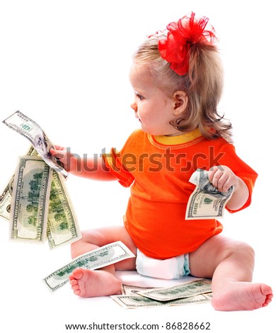 Child with euro money. Business concept.How much it costs to have a baby?