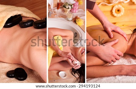Pics of spa collage. Woman getting stone therapy massage in spa.