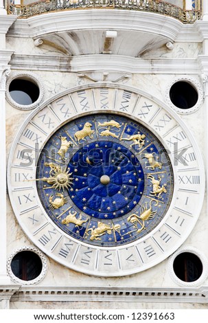 clock above law courts san marco, st marks,venice, zodiac and moon phases