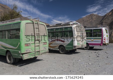 JOMSOM, NEPAL - CIRCA NOVEMBER 2013: Bus is the primary means of transport in the village of Jomsom circa November 2013 in Jomsom.
