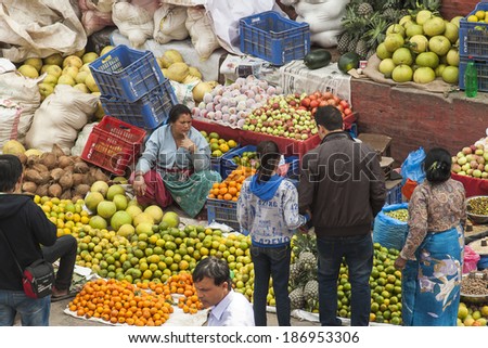 KATHMANDU, NEPAL - CIRCA NOVEMBER 2013: street trading is the basic form of selling in Nepal circa November 2013 in Kathmandu.