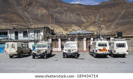 JOMSOM, NEPAL - CIRCA NOVEMBER 2013: Jeep is the primary means of transport in the village of Jomsom circa November 2013 in Jomsom.