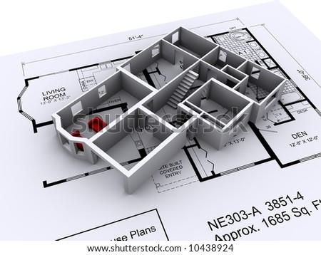 Modern Home Design Plans on Design On 3d House Design On A Set Of Architectural Plans Stock Photo
