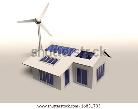 An image of a home powered by wind and solar energy