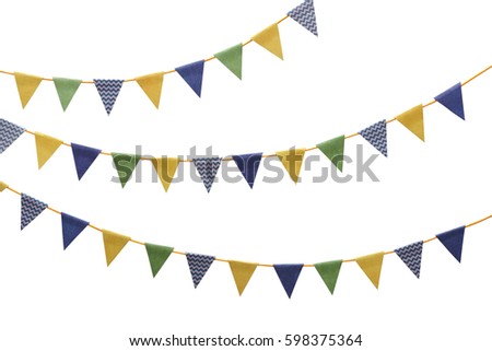 Bunting party flags made from scrap booking paper isolated on white background