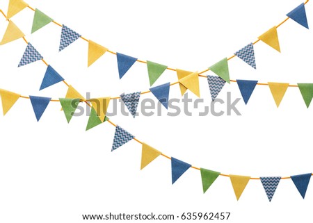Bunting party flags made from scrapbook paper isolated on white background