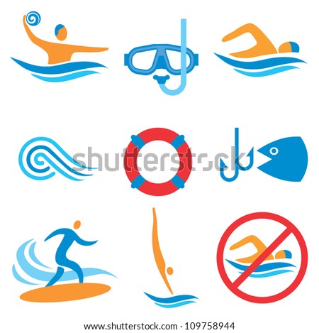 Colorful icons with water sport activities. Vector illustration.