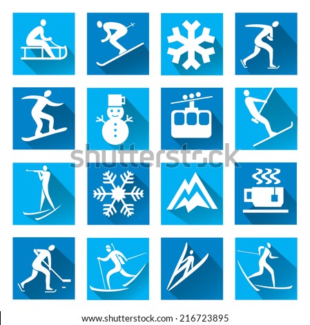 Winter sport blue web icons Set of modern icons with long shadow with winter sport symbols. Vector illustration.