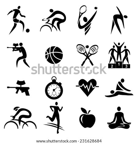Sport fitness healthy lifestyle icons. Black Icons with sport, fitness and healthy lifestyle activities. Vector illustration.