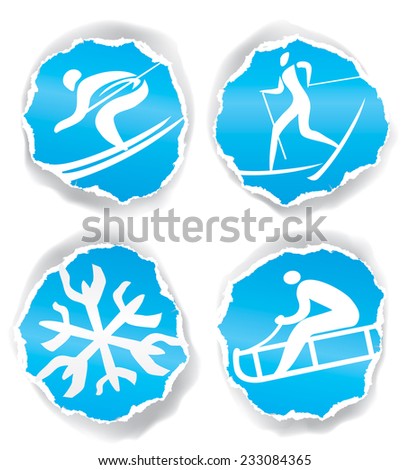 Winter sport icons on torn paper. Four original winter sport icons on the ripped blue paper for cool design. Vector illustration.