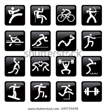 Sport black web icons buttons. Set of black web icons, buttons with sport and fitness activities. Vector illustration.