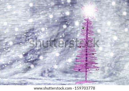 christmas tree with shining star, with silver background and snow flakes