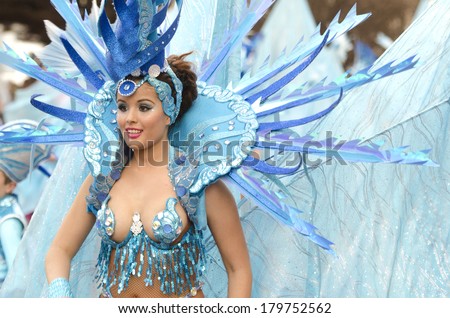 CADIZ, SPAIN-MARCH 02:  beautiful woman samba dancer during the Carnival parade of Cadiz on march 02, 2014 in Cadiz.
