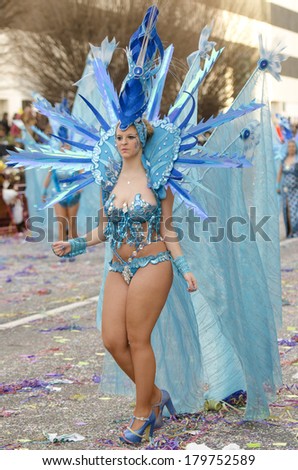 CADIZ, SPAIN-MARCH 02:  beautiful woman samba dancer during the Carnival parade of Cadiz on march 02, 2014 in Cadiz.