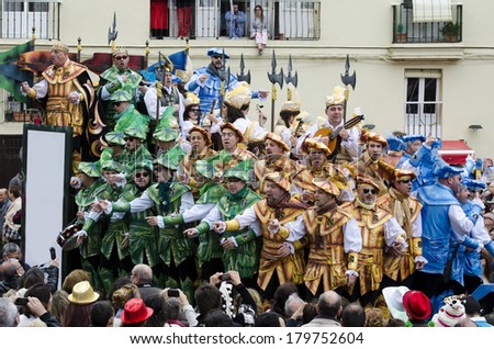 CADIZ, SPAIN-MARCH 02: A choir of carnival sings to the audience during the traditional \