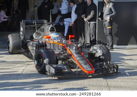 JEREZ DE LA FRONTERA, SPAIN - FEBRUARY 01: Fernando Alonso, pilot of the team McLaren-Honda in test Formula 1 in Circuito de Jerez on feb 01, 2015 in Jerez de la frontera.