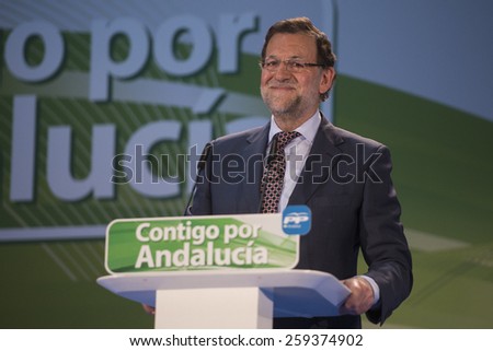 JEREZ DE LA FRONTERA, SPAIN - March 06: Mariano Rajoy, President of Spain, speaking at a rally for Juanma Moreno, candidate of the Partido Popular in the elections Andalusia on mar 06, 2015 in Jerez.