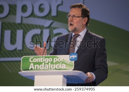 JEREZ DE LA FRONTERA, SPAIN - March 06: Mariano Rajoy, President of Spain, speaking at a rally for Juanma Moreno, candidate of the Partido Popular in the elections Andalusia on mar 06, 2015 in Jerez.