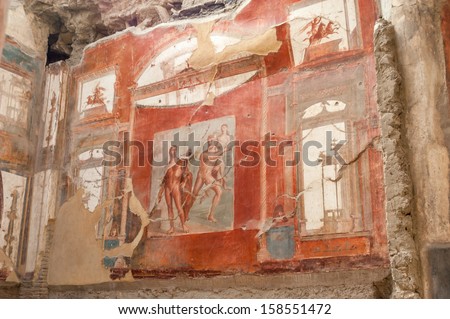 HERCULANEUM, ITALY - JULY 17,2004 - Wall painting of Neptune and Aimone in Roman villa  in Herculaneum