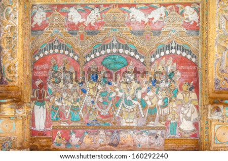 MADURAI,INDIA - JANUARY 31,2013 - Ceiling painting of Meenakshi Temple, Madurai Princess Wedding