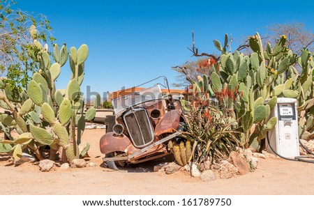 SOLITARE, NAMIBIA - SEPTEMBER 30, 2012 - Last Trip in Desert. Immobile car left in the desert town Solitare.