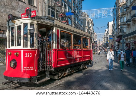 ISTANBUL, TURKEY - NOVEMBER 4,2013 - Nostalgic tram of Istanbul. It runs between Taksim and Tunel via Istikal Caddesi.