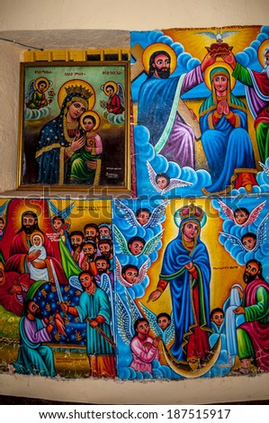 TANA LAKE, ETHIOPIA - MARCH 22,2014 - Painting in Kibran Gabriel Church. Kibran Gabriel Church was established in the 14th century.