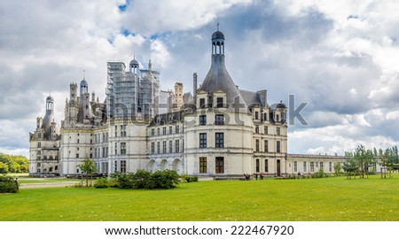 CHAMBORD, FRANCE - AUGUST 26,2014 - View at the Chateau de Chambord from garden.Construction was completed in 1547.Chateau de Chambord is a popular tourist attraction.