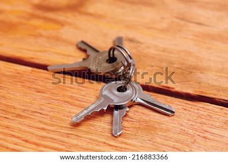 Bunch of keys joined by ring on wooden board