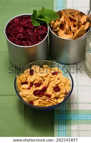 Vertical photo with upper view on glass bowl full of cornflakes with cranberries in. Glass of milk, old aluminum cups full of dried fruit around. All is on two green cloths