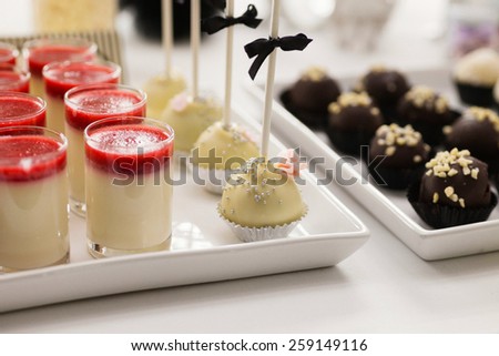 Black and white sweet table with hand made pralines, cake pops and strawberry panna cotta at an elegant wedding reception. Shot in natural light, shallow DOF, subtle grain and toning.