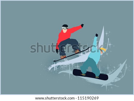 Winter sport poster: man and snowboard background with space